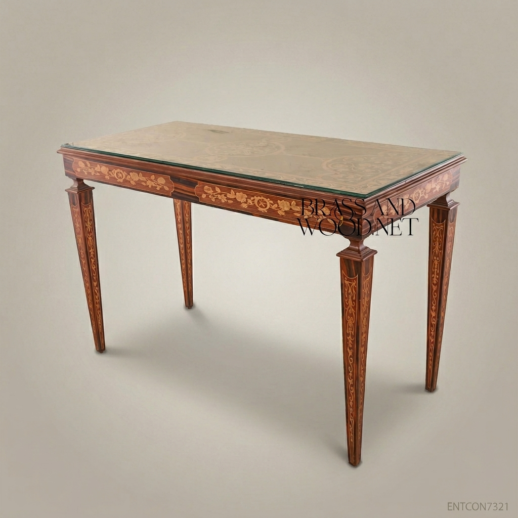 Classic Inlaid Wooden Console Table with Glass Top