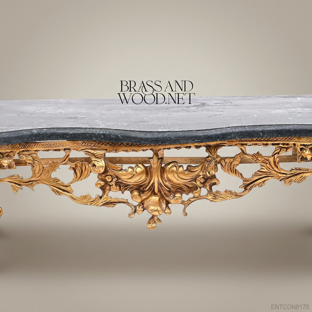 French Rococo Gold Gilt Console Table with Black Marble Top
