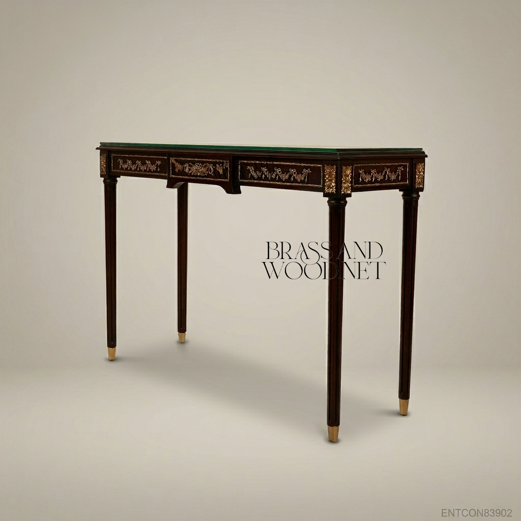 Louis XVI Neoclassical Console Table with Brass Ormolu Mounts & Glass Top