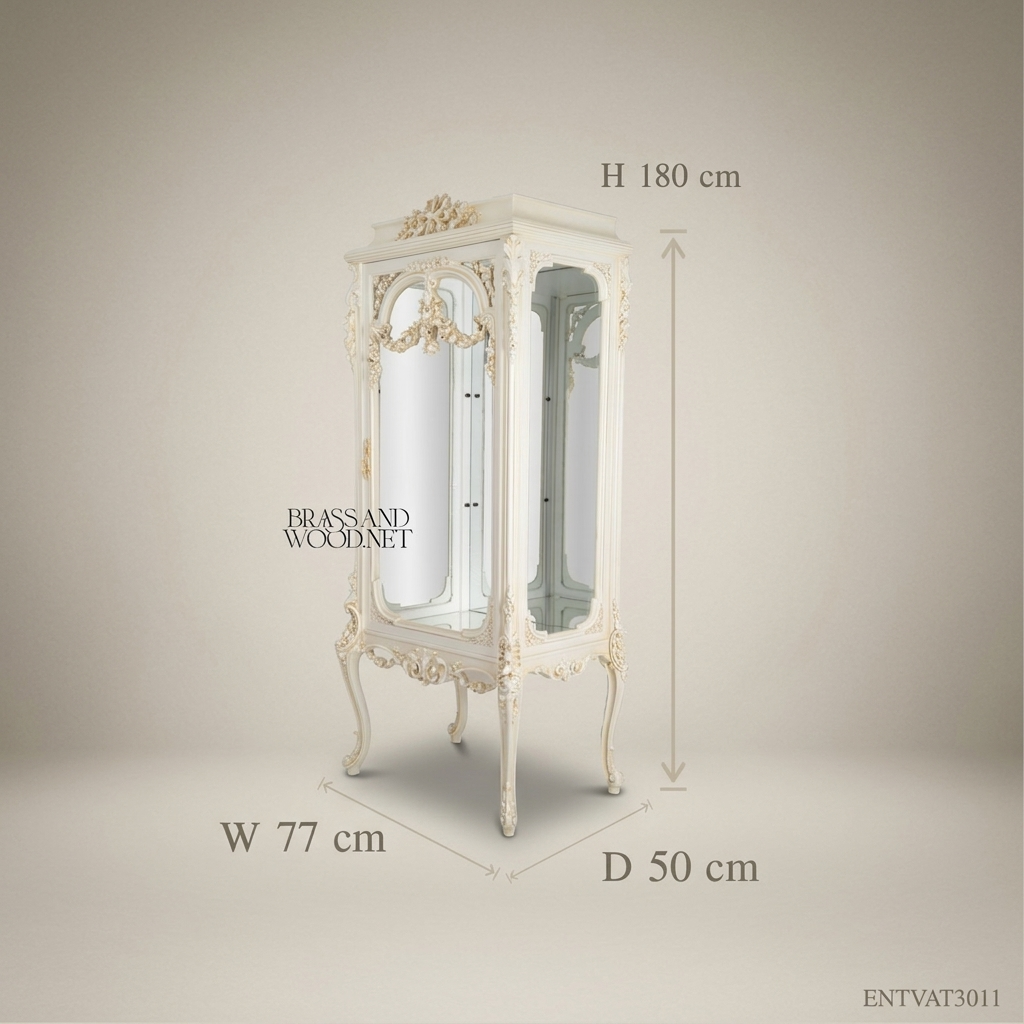 Rococo Revival Ivory Vitrine Cabinet - Hand-Carved Floral Swags & Mirrored Interior