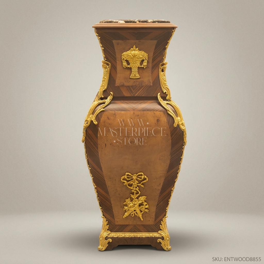 Napoleon III Rococo Revival Marquetry Wood Pedestal Column - Gilt Bronze Vase-Form with Marble Top