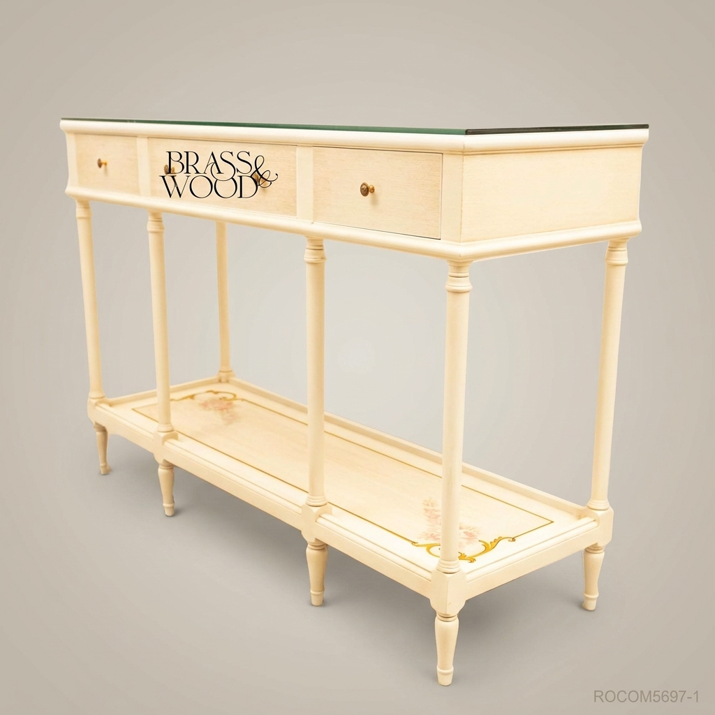 Classic Cream Wooden Console Table with Glass Top