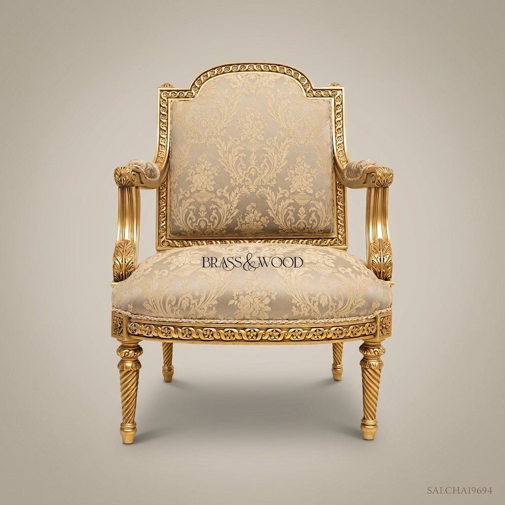 Louis XV Salon Side Chair with Gilt Wood Frame & Brocade Upholstery