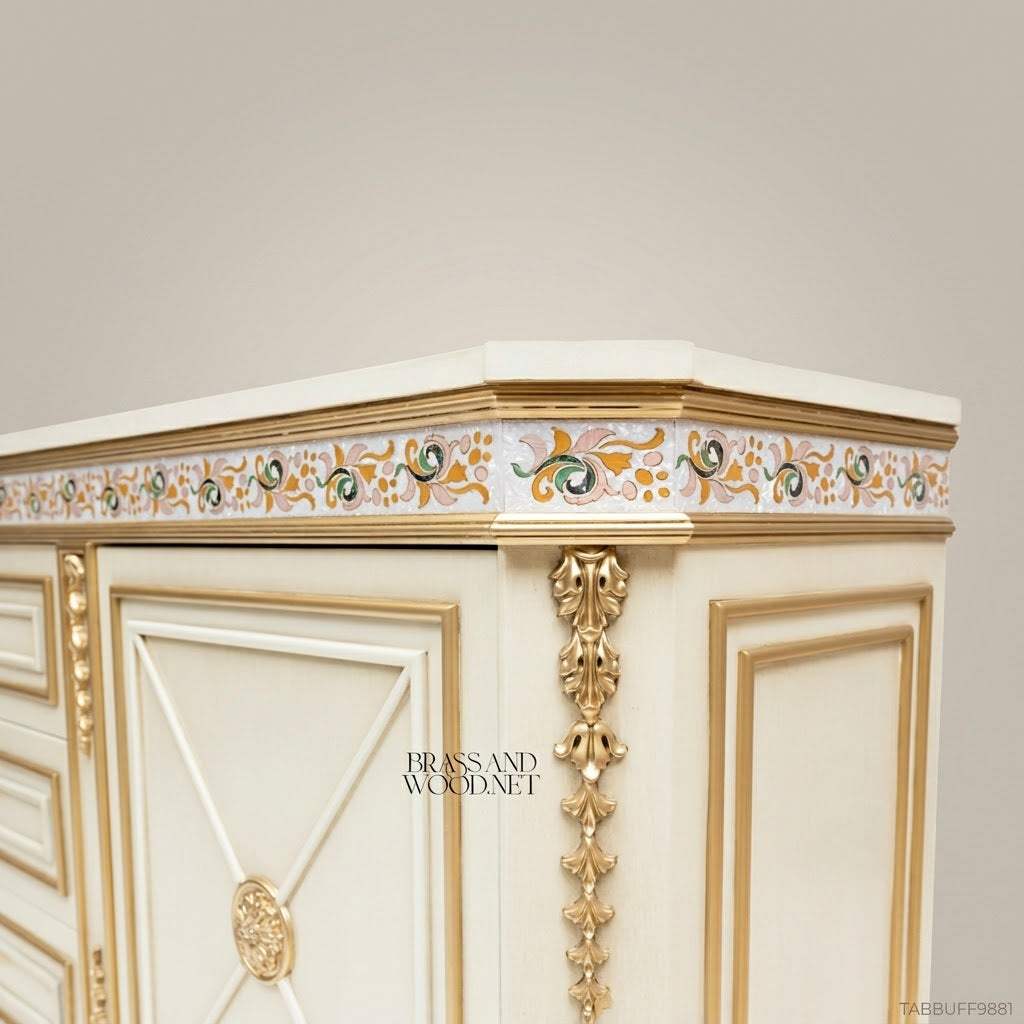Brass & Wood Neoclassical Painted Buffet with Gold Ornamentation