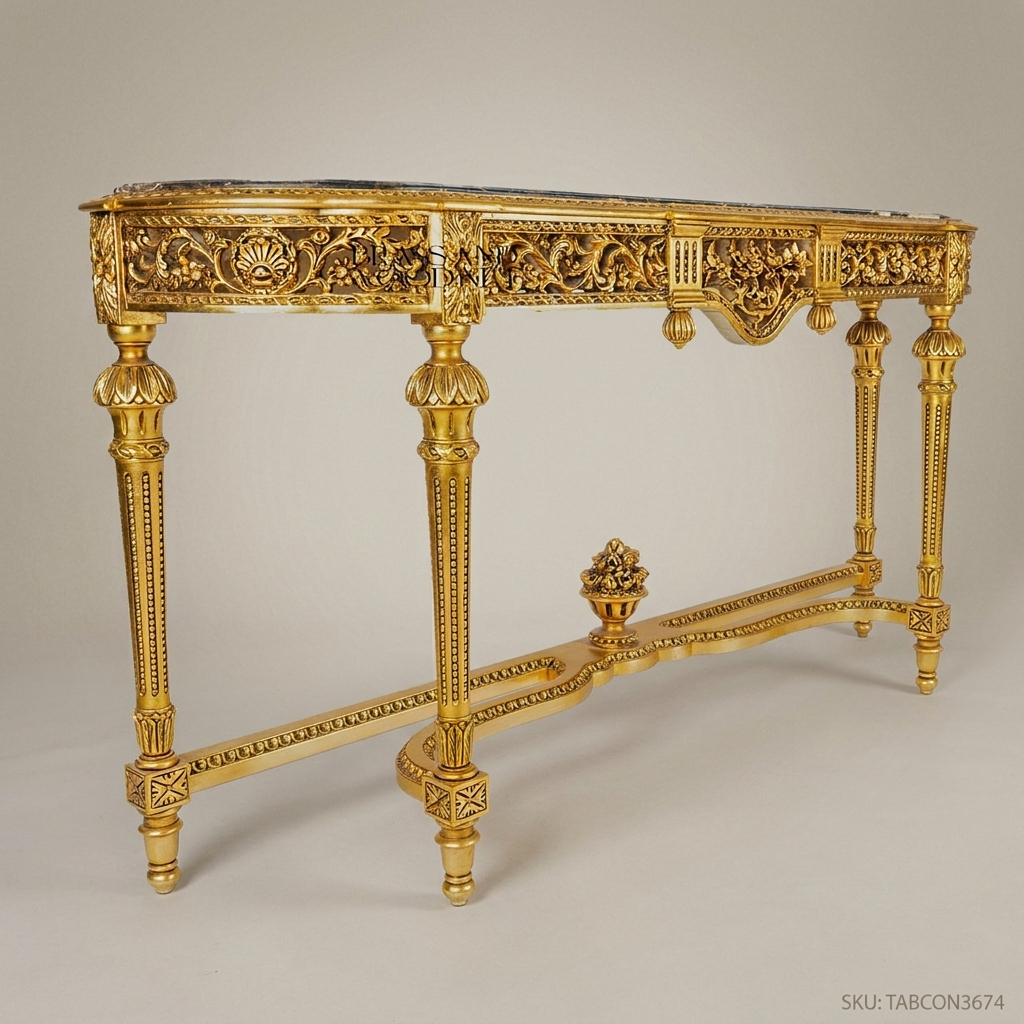 Louis XVI Giltwood Console Table with Marble Top & Floral Carvings