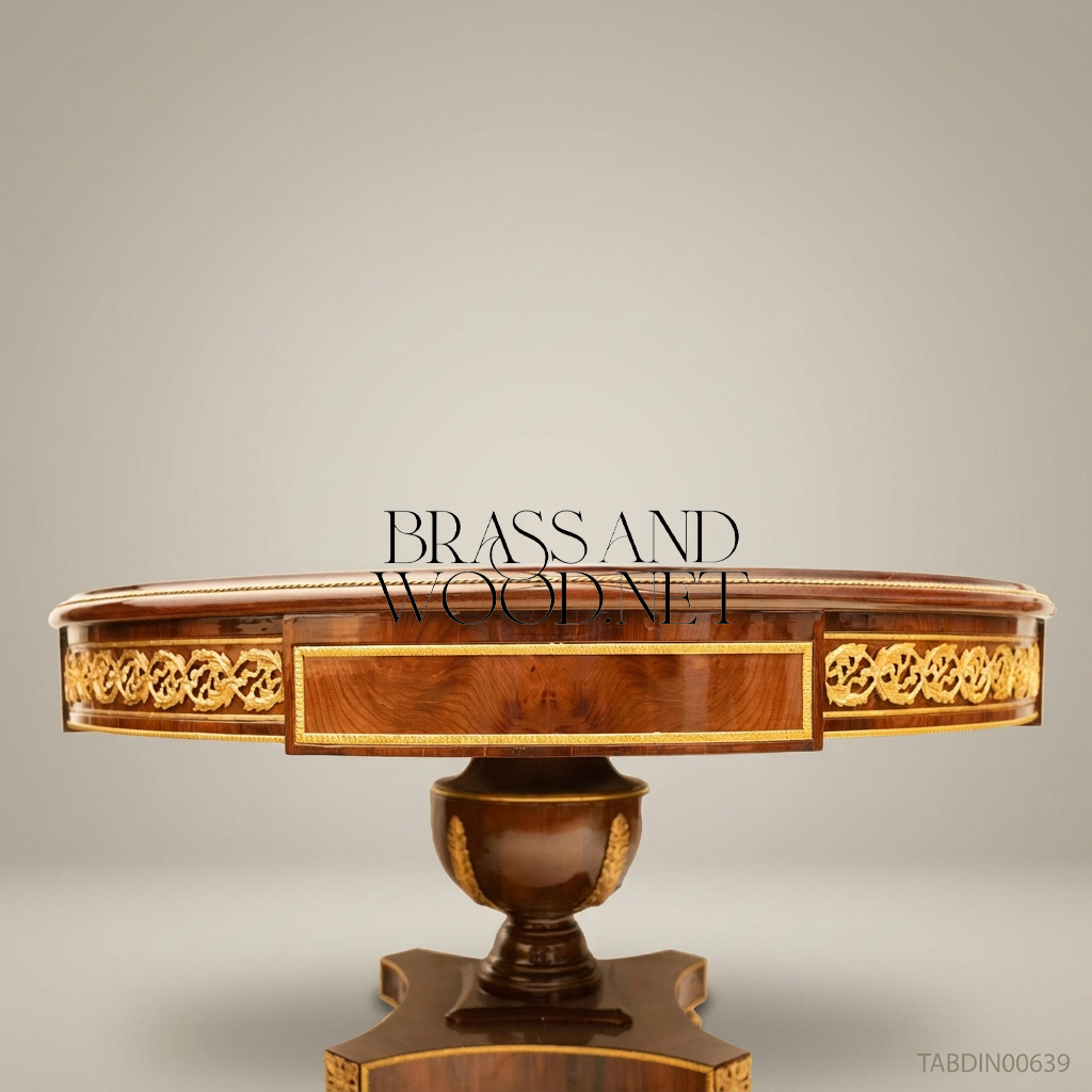 Brass & Wood Empire Round Pedestal Dining Table — 6 Persons