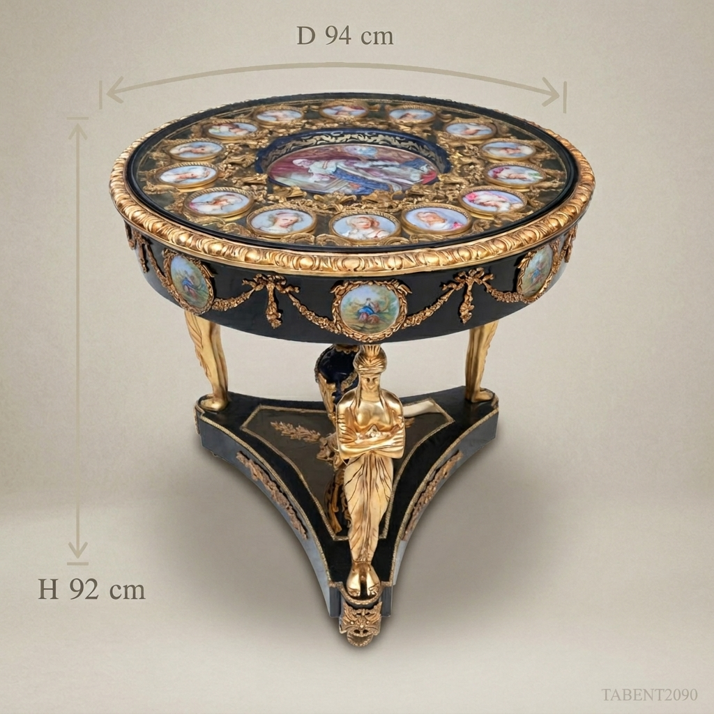 Napoleon III Ebonized Guéridon with Sèvres Porcelain Medallions & Gilt Bronze Caryatid Legs