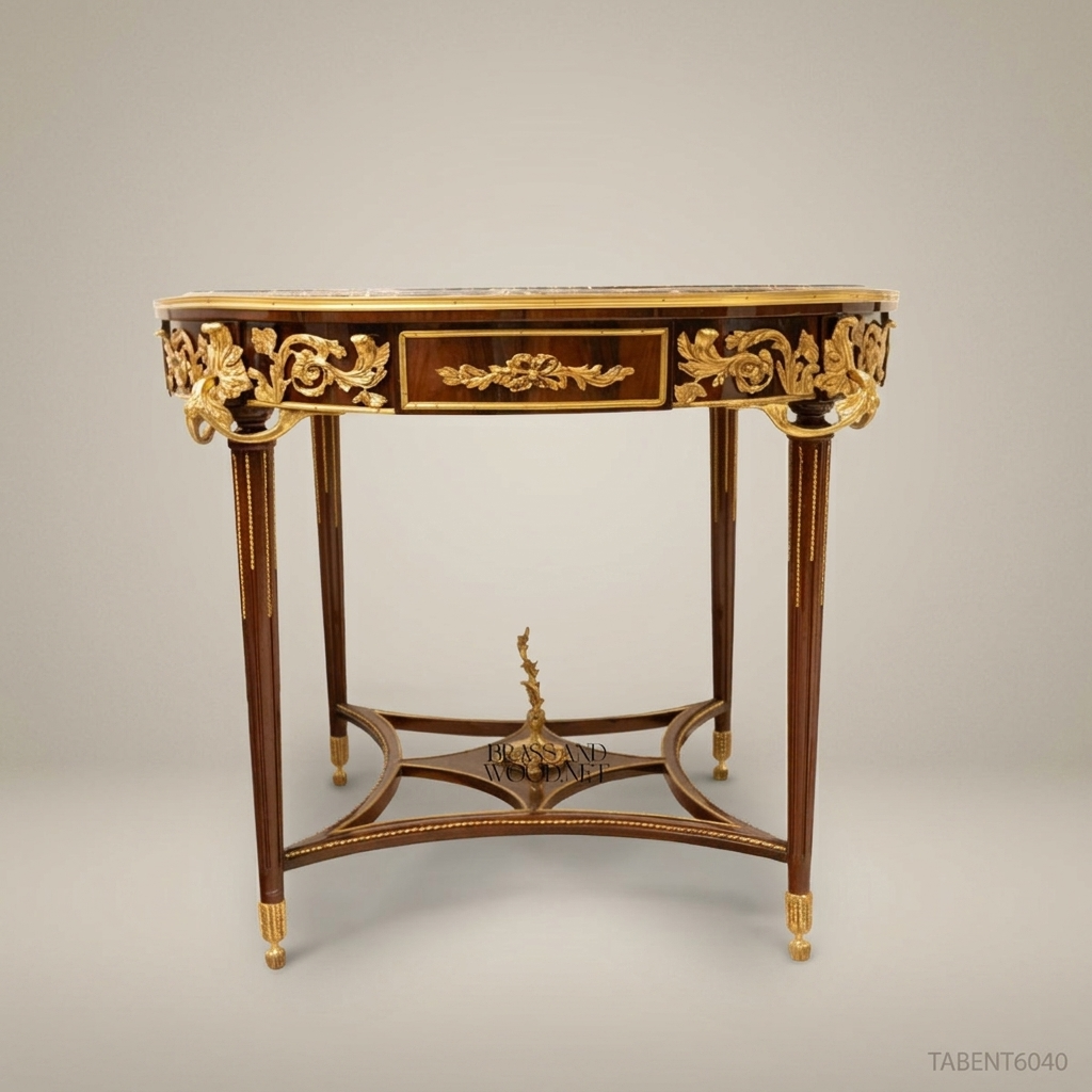 Louis XVI Neoclassical Round Guéridon Table — Emperador Marble, Marquetry Apron & Gilt Ormolu Mounts