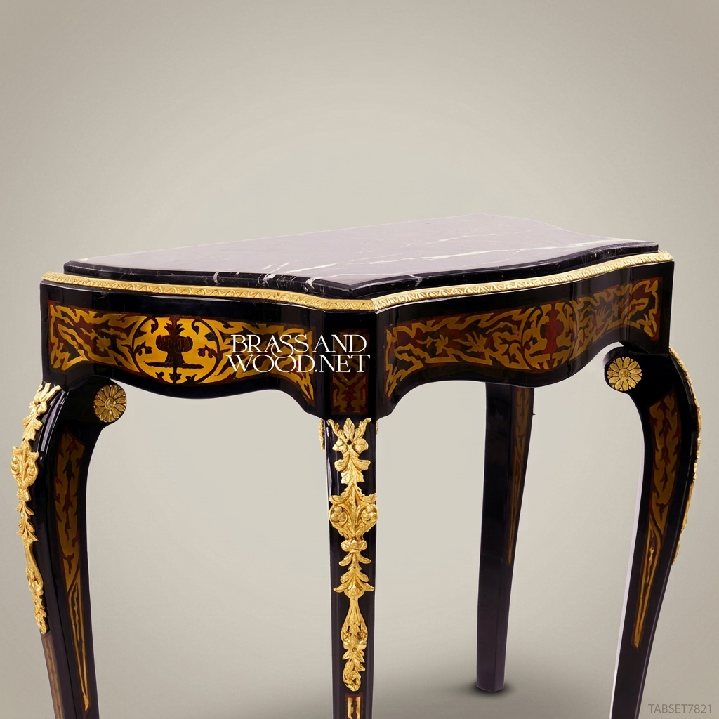Classic Black Marble Top Console Table with Brass Accents