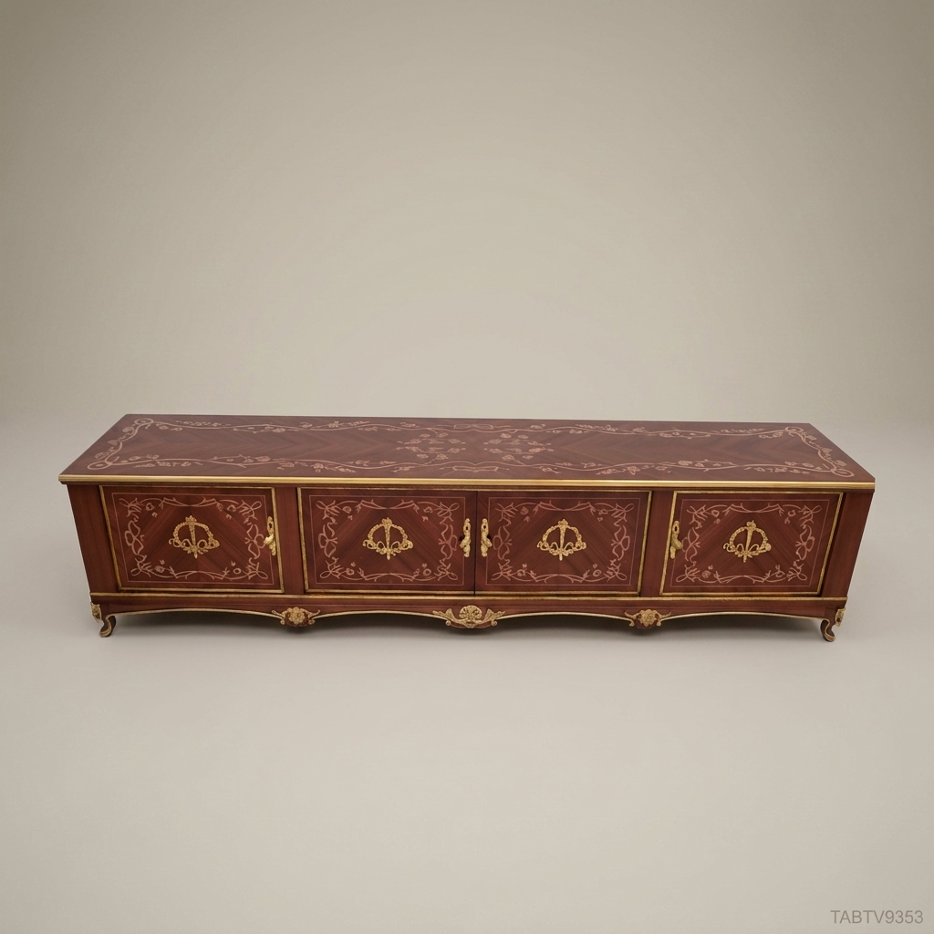 Napoleon III Rococo Revival TV Console — Lacquered Mahogany with Gilt Brass Strapwork & Four-Door Cabinet