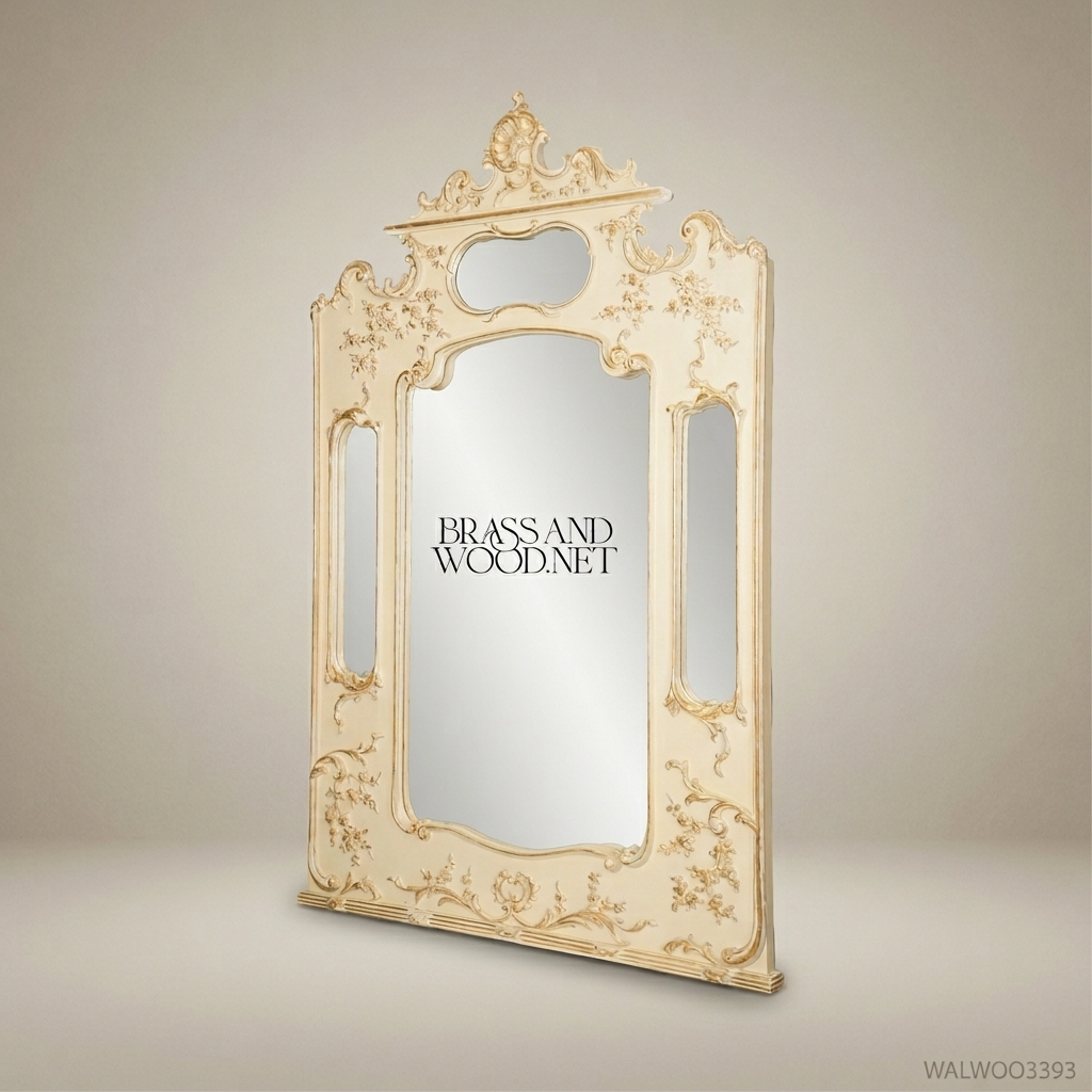 Rococo Revival Ivory Lacquered Pier Mirror - Gilded Floral Carved Pediment with Triple Mirror Panels