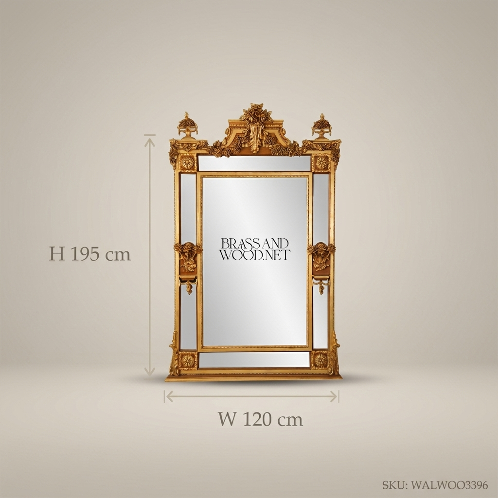 Napoleon III Rococo Revival Gilded Floor Mirror - Segmented Frame with Urn Crest & Mascaron Brackets