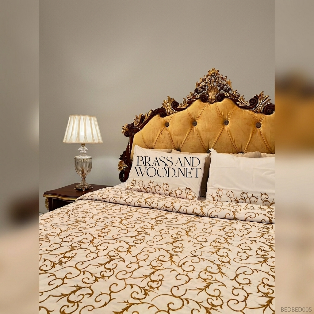 Napoleon III Rococo Revival Bedroom Set — Carved Mahogany with Gold-Leaf Acanthus & Amber Velvet Tufted Headboard