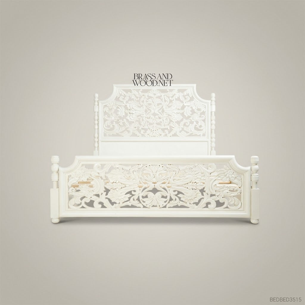 Napoleon III Rococo Revival White Lacquered Bedroom Set - Carved Acanthus & Hand-Painted Blossom Nightstands