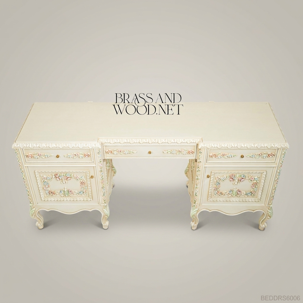 Napoleon III Rococo Revival Hand-Painted Ivory Bedroom Set - Polychrome Floral Carved Suite