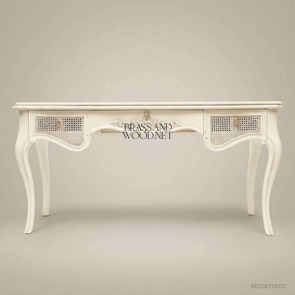 French Provincial Rococo Ivory Dressing Table Set with Carved Mirror & Cane Panels