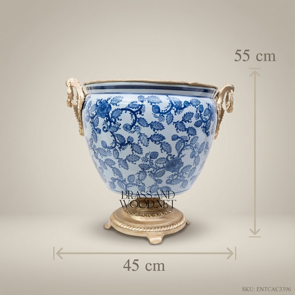 Porcelain Planter Cachepot - Large 40 cm - Blue & White - Antique Brass