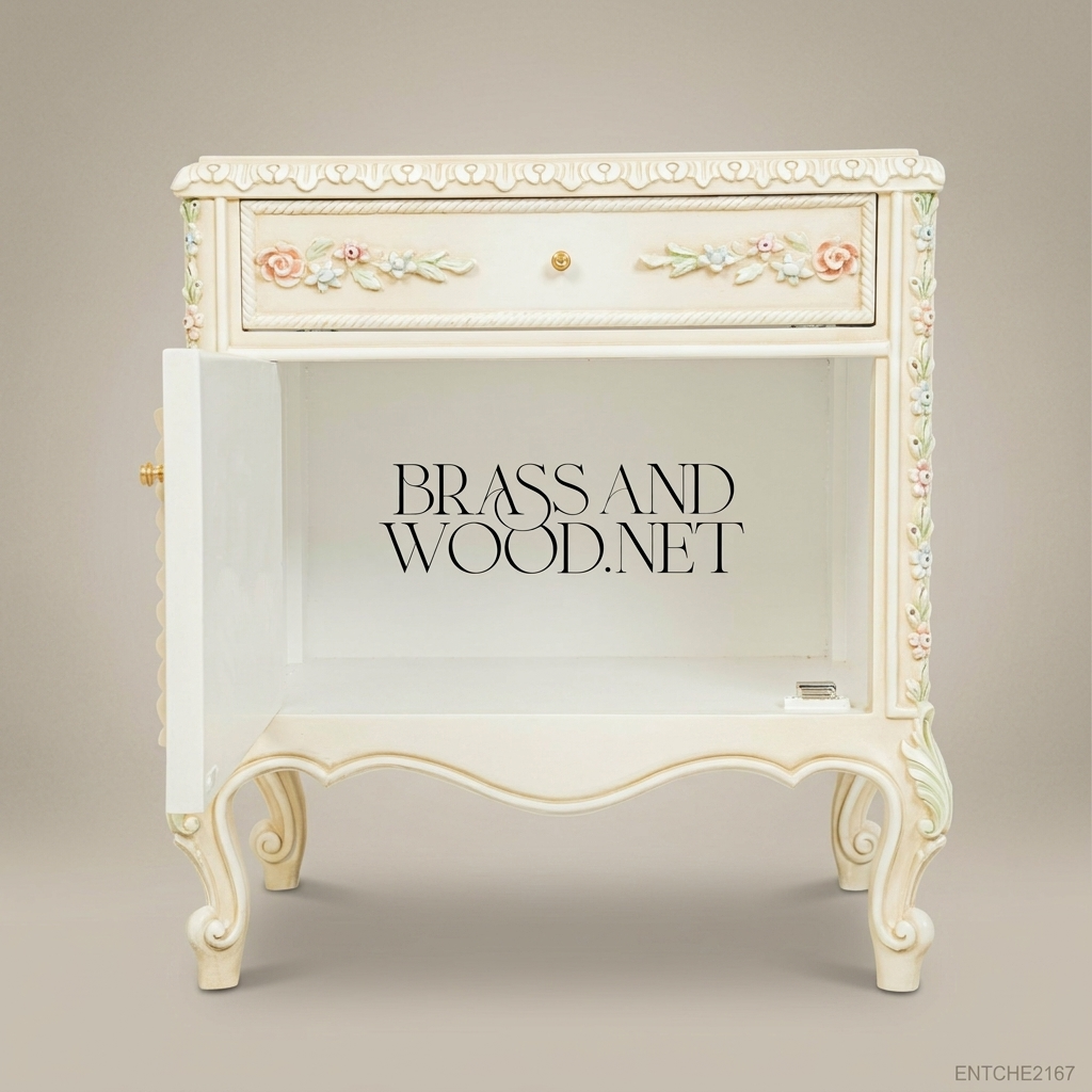 Louis XV Rococo Revival Ivory Nightstand with Polychrome Floral Relief Carvings