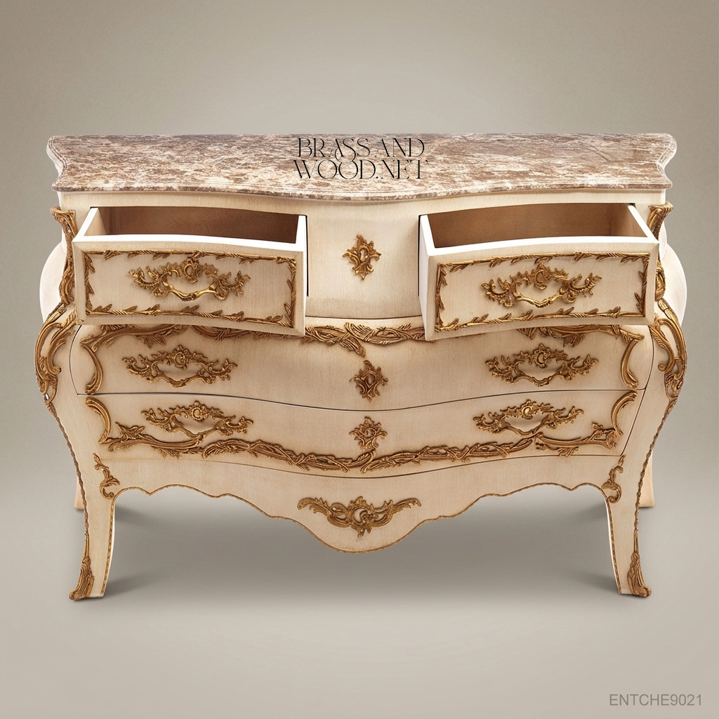 Louis XV Rococo Bombe Commode – Ivory Lacquer & Gold Leaf with Marble Top