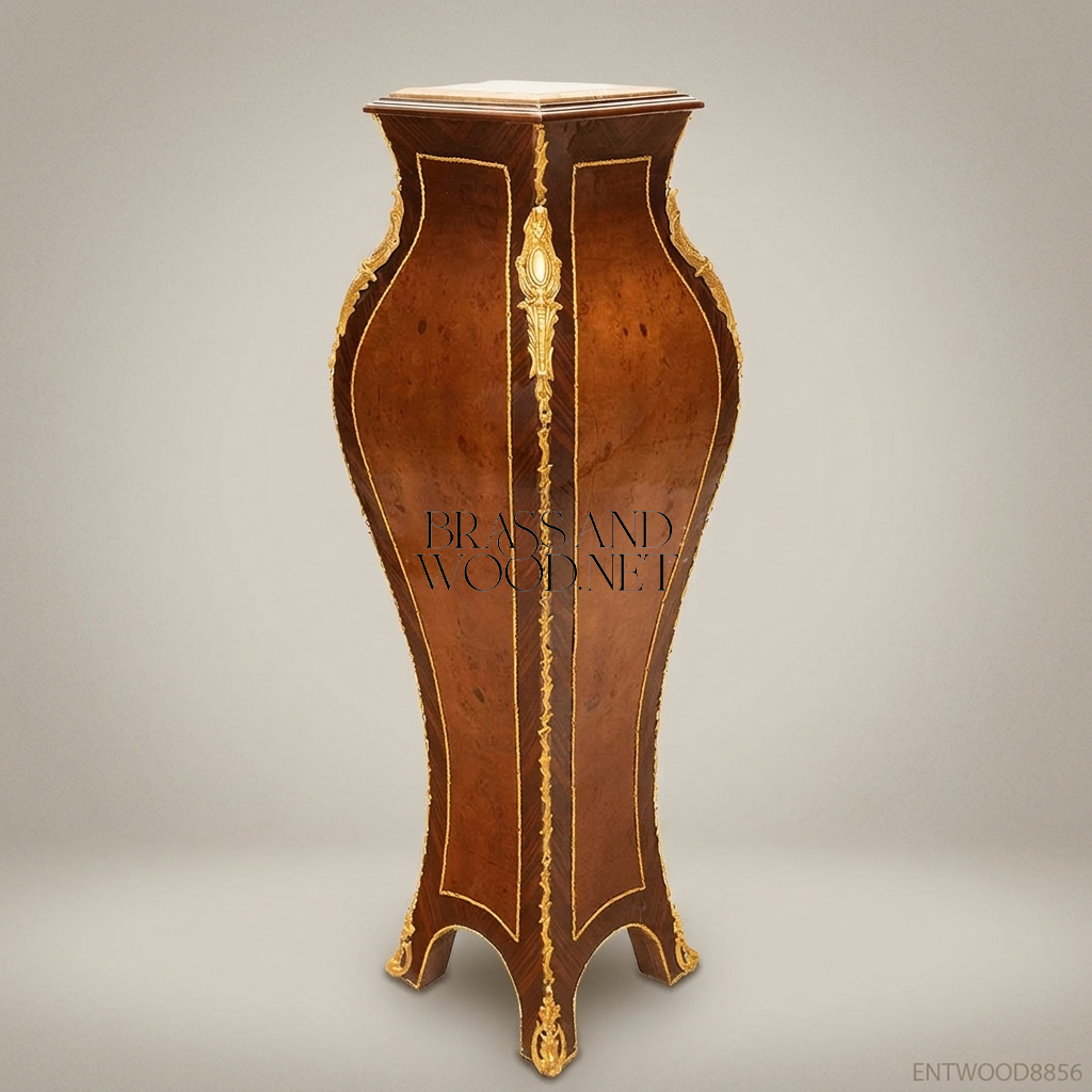 Napoleon III Rococo Revival Burl Wood Pedestal Column with Gilt Bronze Mounts & Marble Top