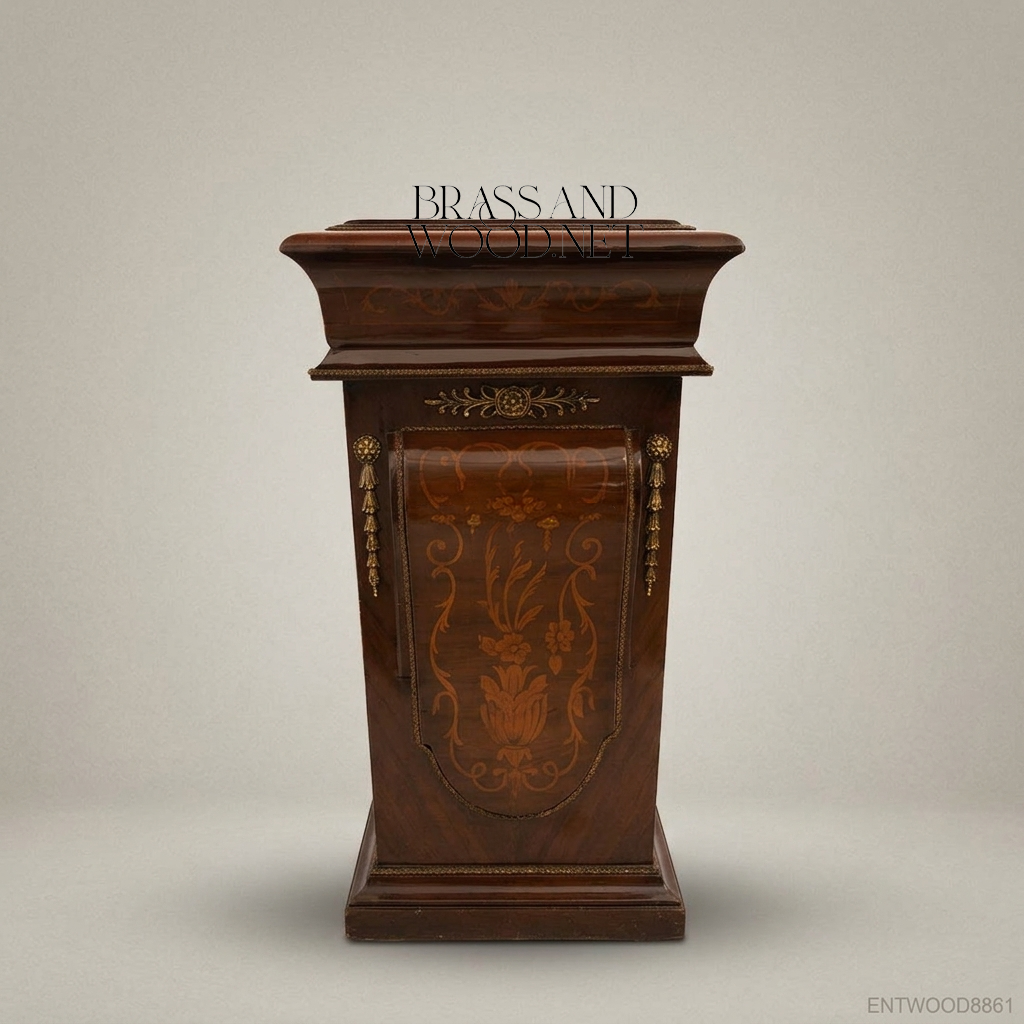 Renaissance Revival Marquetry Display Pedestal with Marble Top & Brass Mounts