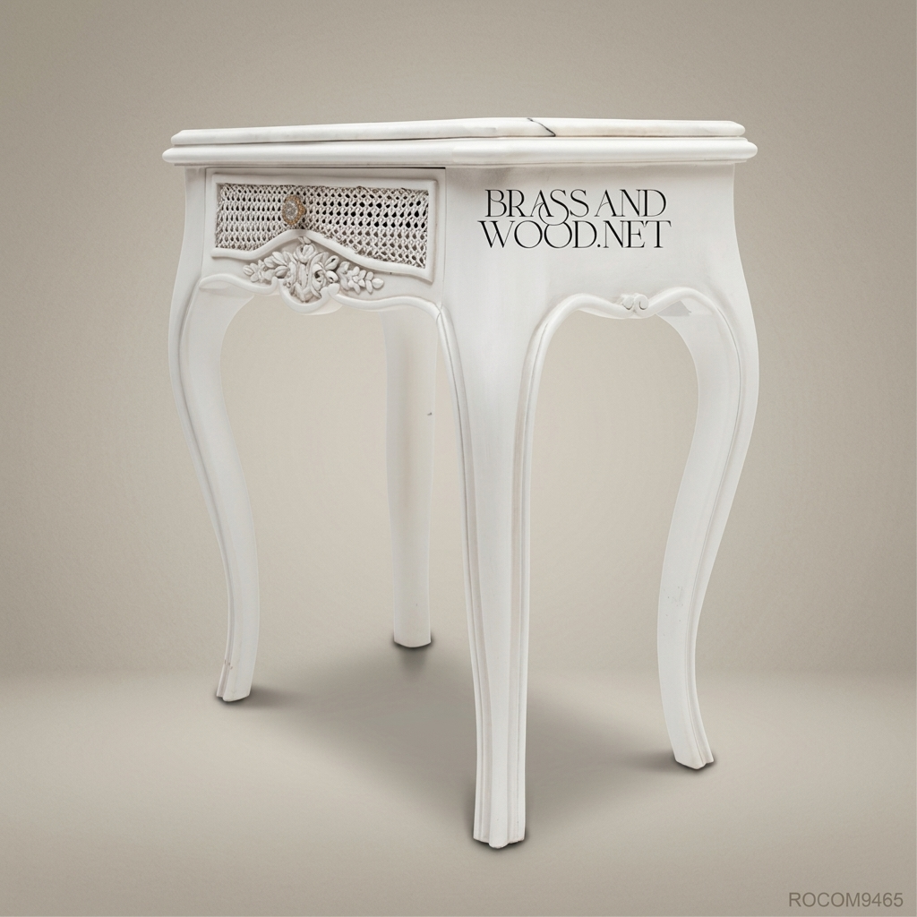 Louis XV Rococo White Lacquered Nightstand with Cane Drawer & Marble Top