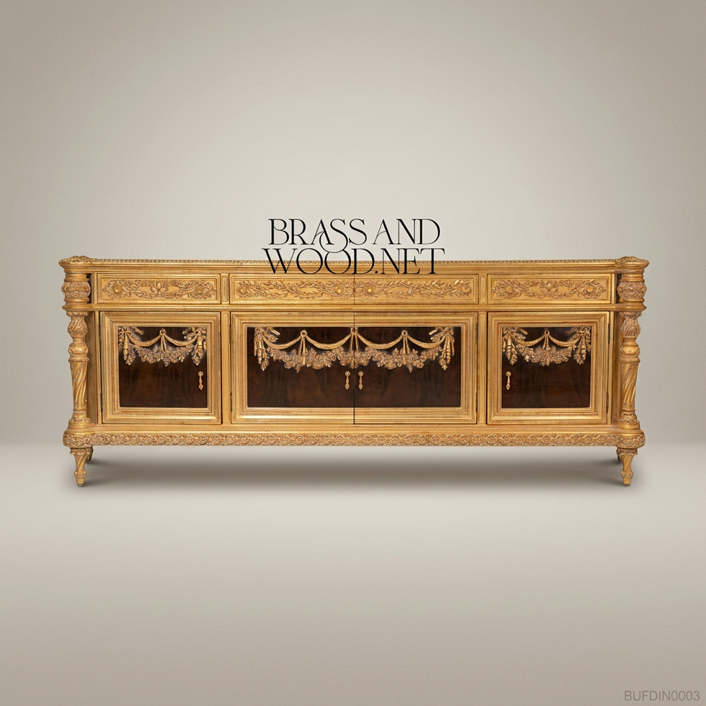 Brass & Wood Louis XVI Carved Gilt Dining Buffet — 300cm