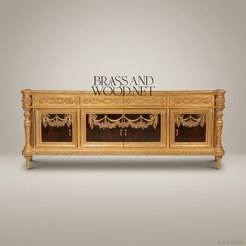 Brass & Wood Louis XVI Carved Gilt Dining Buffet