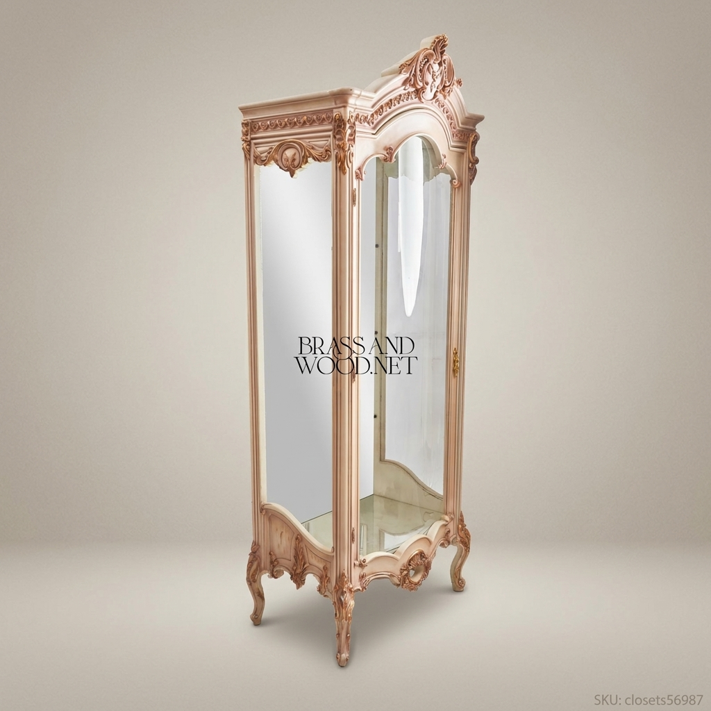 Rococo Revival Carved Vitrine Display Cabinet - Arched Mirror Door with Shell Crest & Acanthus Cabriole Legs