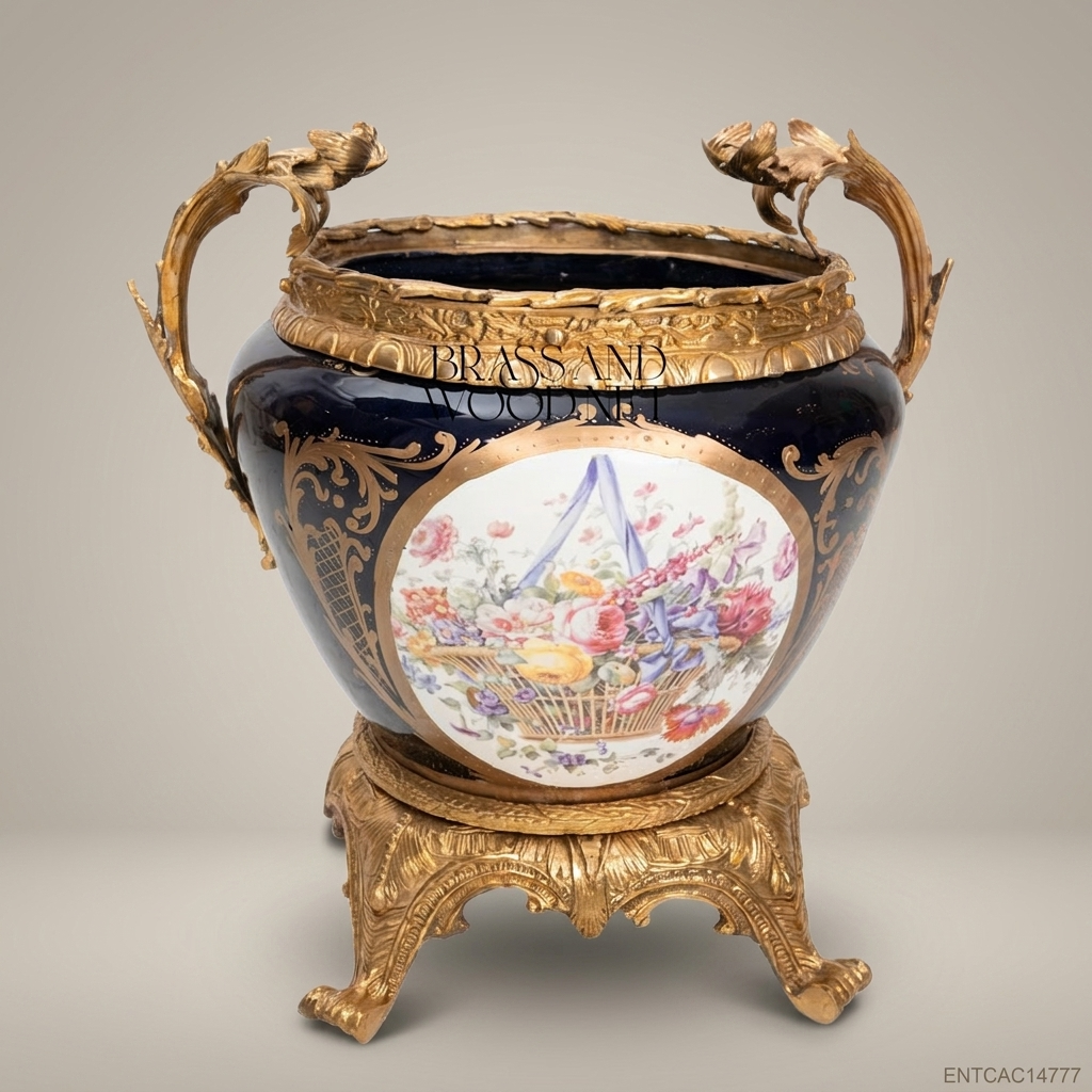 Napoleon III Rococo Revival Cobalt Porcelain Jardinière with Antique Gold Bronze Mounts & Floral Medallion