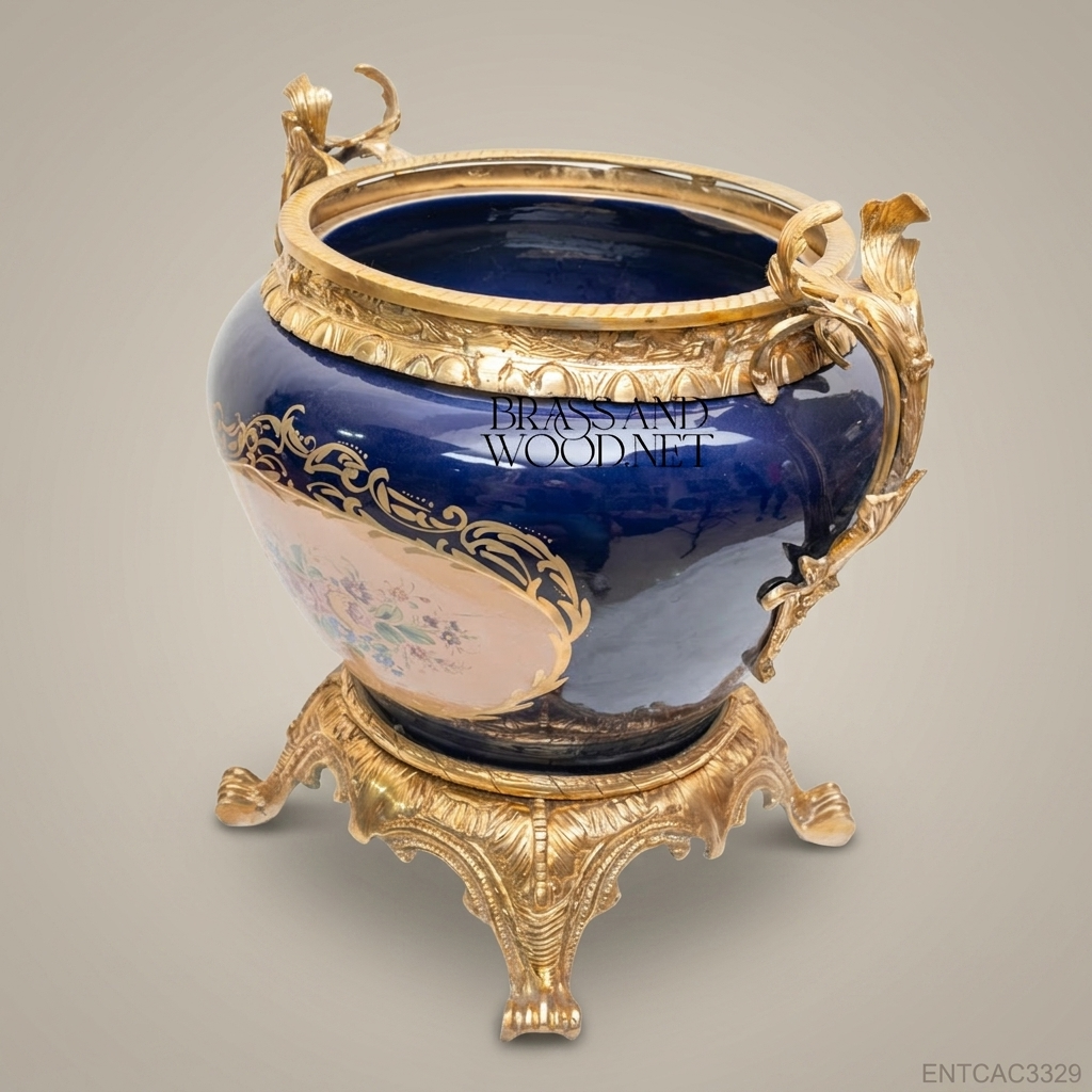 Napoleon III Rococo Revival Cobalt Blue Ceramic Jardinière with Gilt Brass Stand & Acanthus Handles