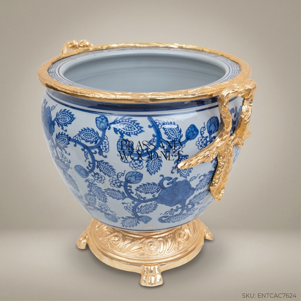 Chinoiserie Blue & White Ceramic Jardinière with Gilt Brass Mounts – Dragon Handle Footed Planter