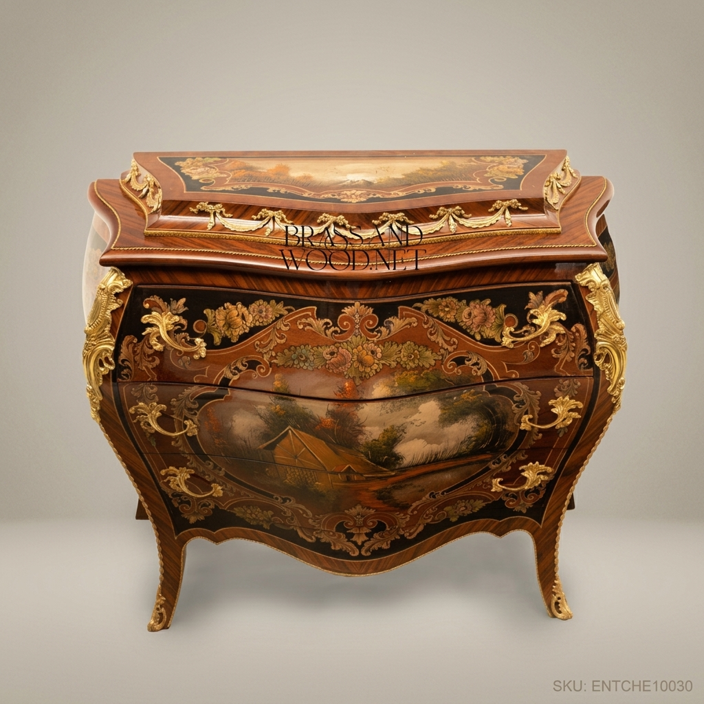 Louis XV Rococo Bombe Commode with Hand-Painted Panels & Gilt Bronze Mounts