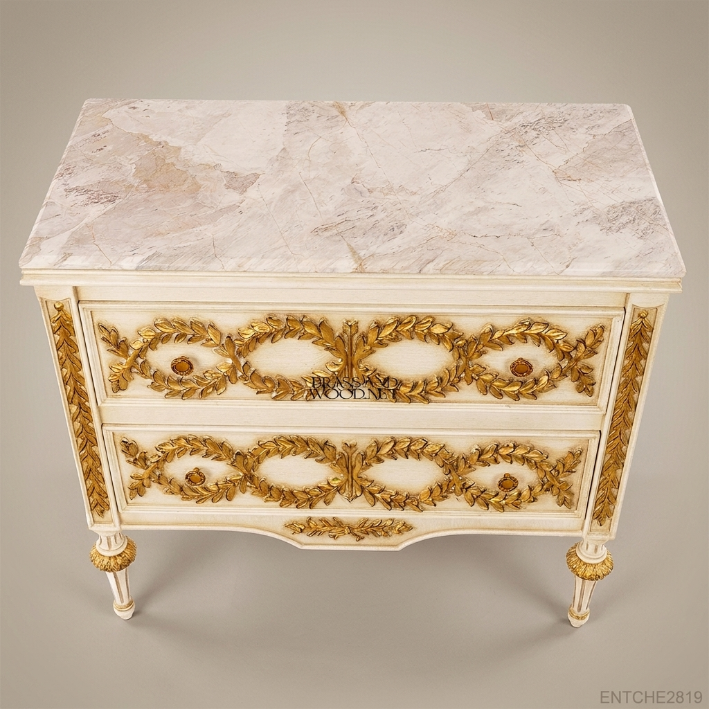Louis XVI Neoclassical Ivory & Gold Leaf Two-Drawer Commode with Marble Top