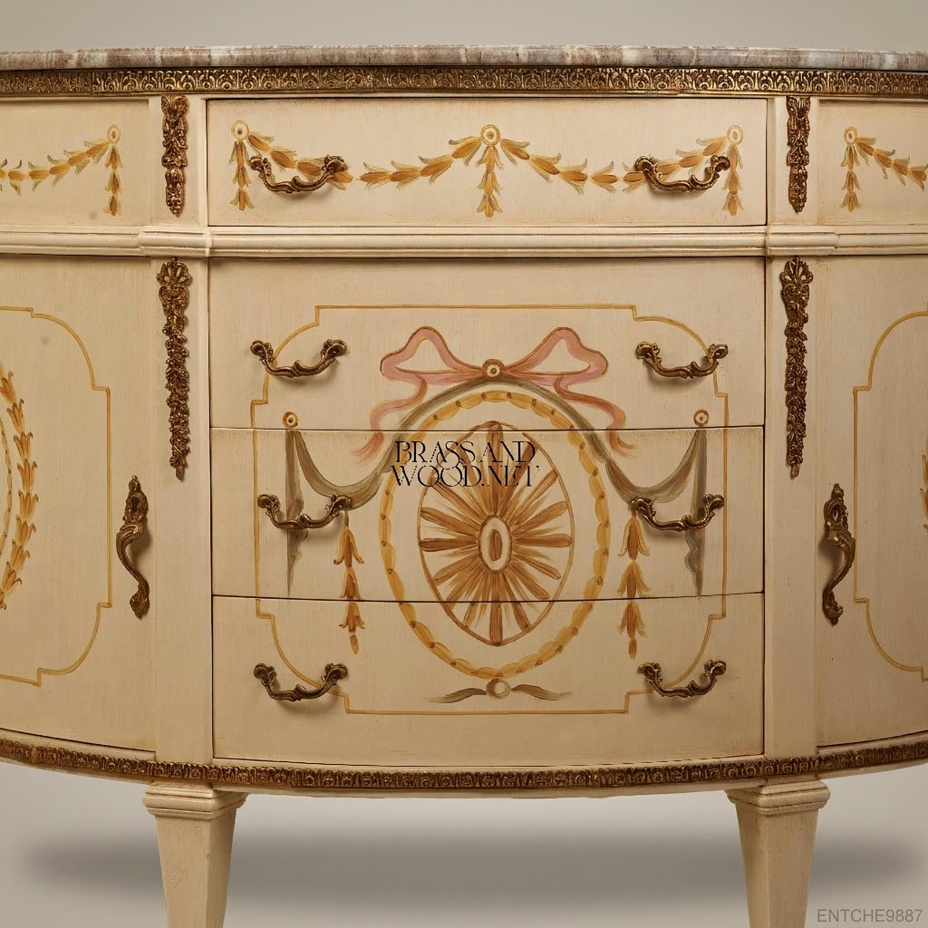 Louis XVI Neoclassical Demilune Commode with Marble Top & Hand-Painted Ivory Lacquer