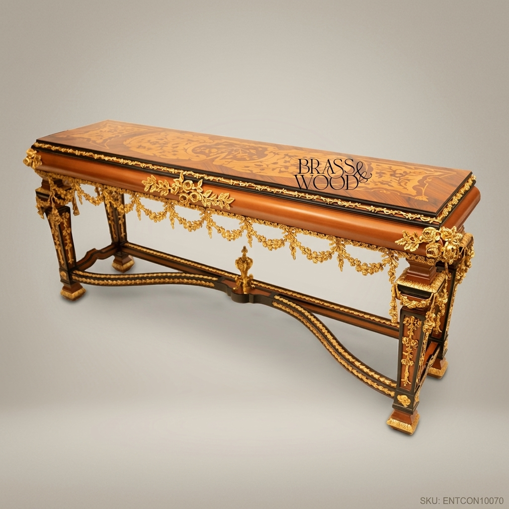 Louis XVI Neoclassical Console Table with Marquetry Top & Ormolu Garlands