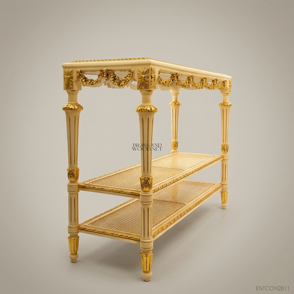 Louis XVI Ivory & Gold Leaf Console Table with Cane Shelves & Floral Swags