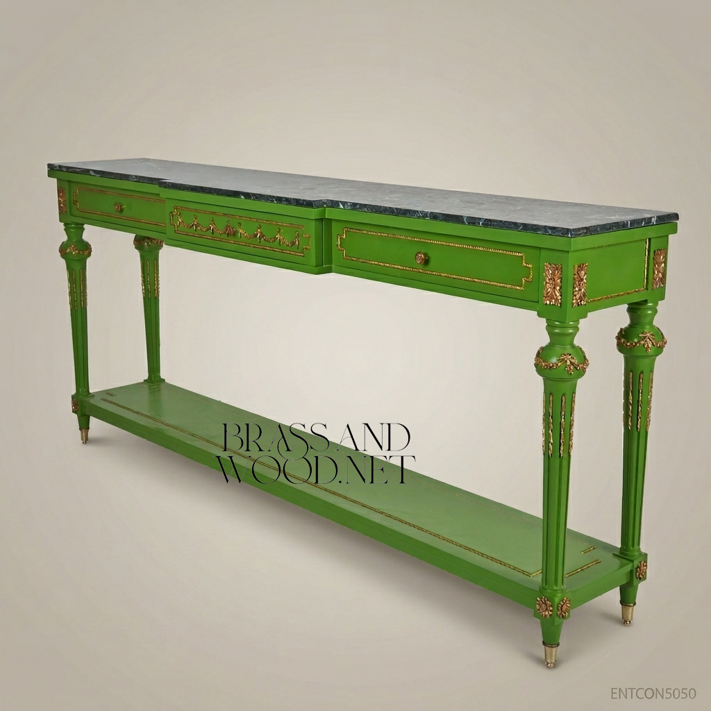 Louis XVI Green Lacquer & Marble Console Table with Gold Leaf Accents