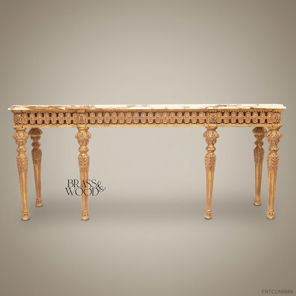 Louis XVI Neoclassical Console Table – Gold Leaf Carved Wood & Onyx Marble Top