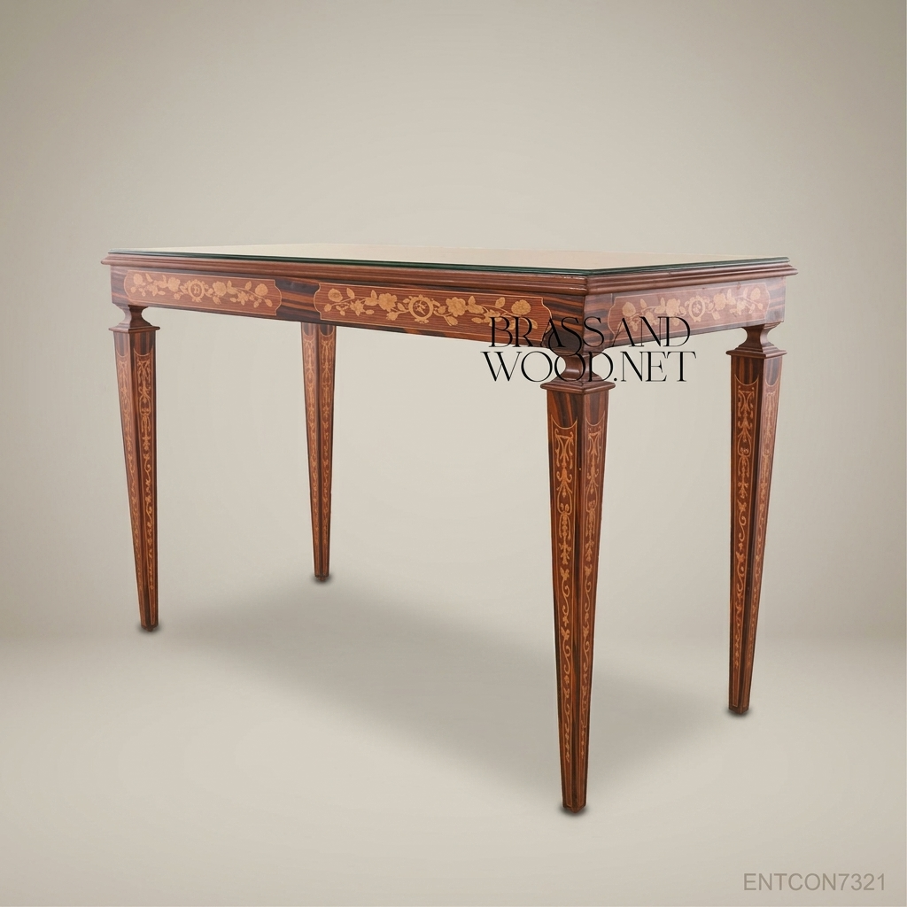 Classic Inlaid Wooden Console Table with Glass Top
