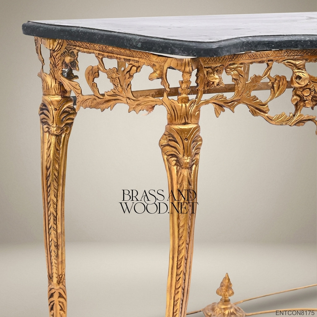 French Rococo Gold Gilt Console Table with Black Marble Top