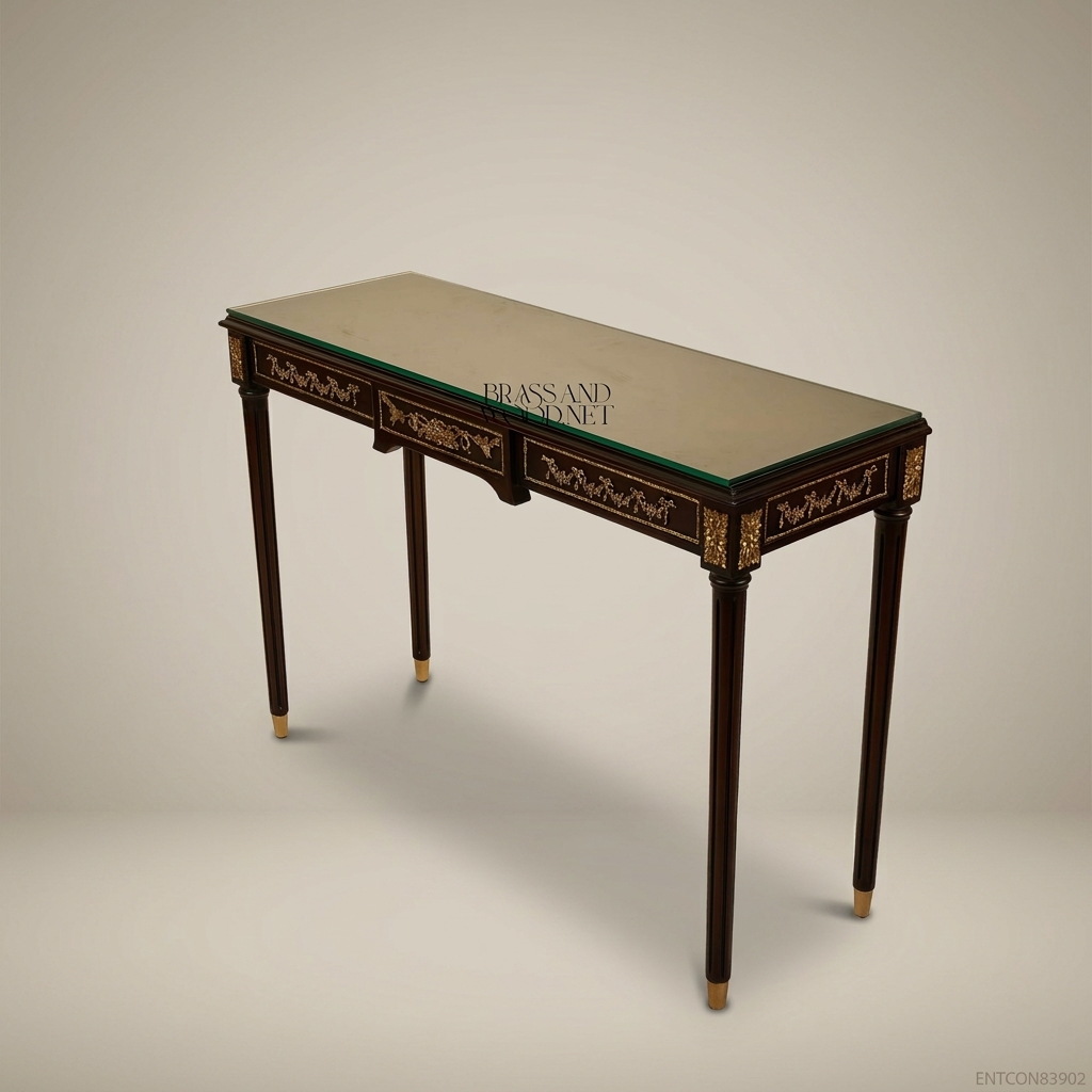 Louis XVI Neoclassical Console Table with Brass Ormolu Mounts & Glass Top