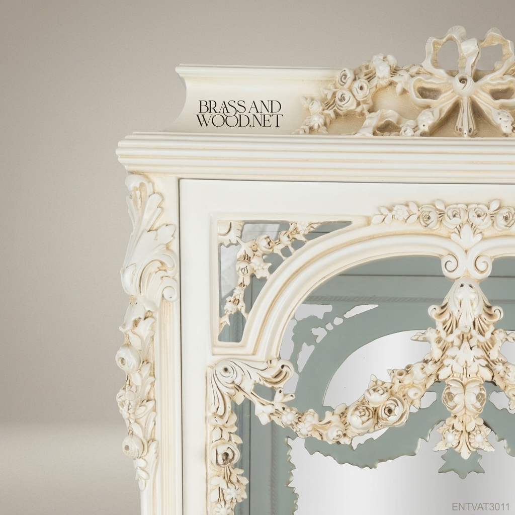 Rococo Revival Ivory Vitrine Cabinet - Hand-Carved Floral Swags & Mirrored Interior