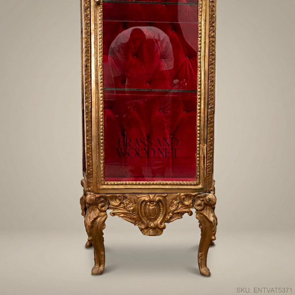 Napoleon III Rococo Revival Gilt Display Vitrine - Crimson Capitonné Interior & Acanthus Crown