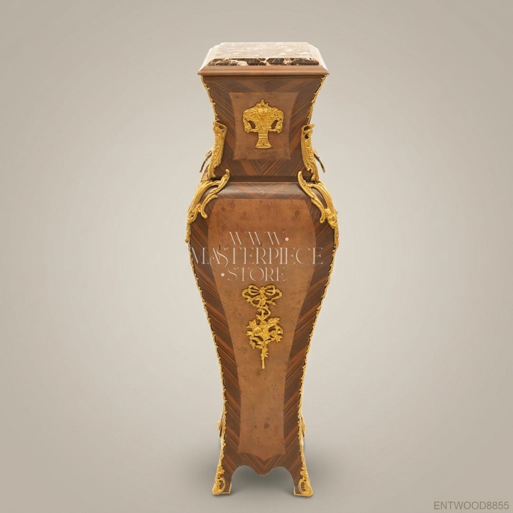 Napoleon III Rococo Revival Marquetry Wood Pedestal Column - Gilt Bronze Vase-Form with Marble Top