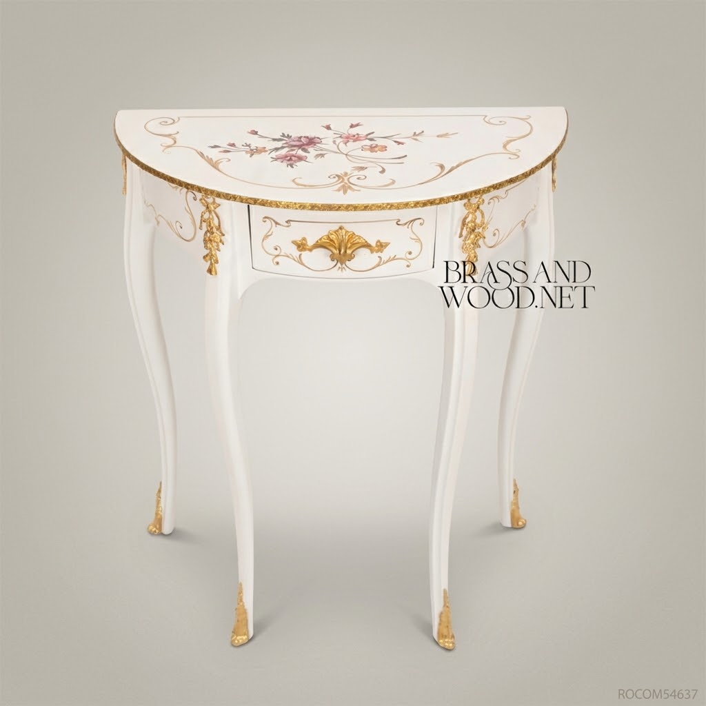 Rococo Demi-Lune Console Table with Gold Leaf Accents & Floral Inlay