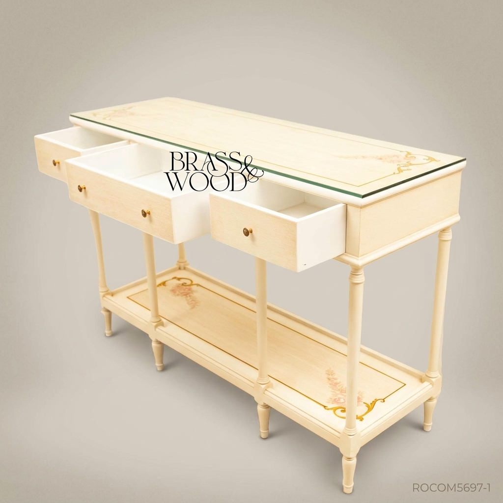 Classic Cream Wooden Console Table with Glass Top