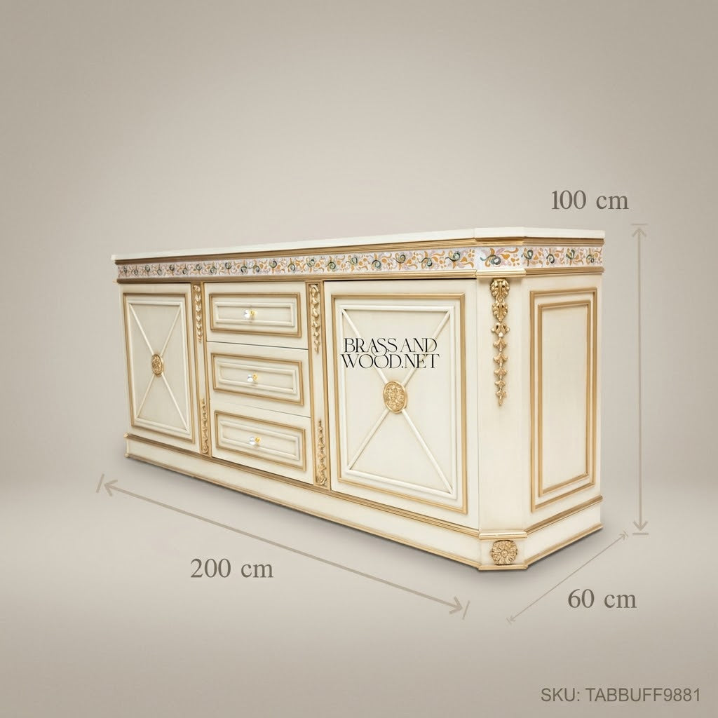 Brass & Wood Neoclassical Painted Buffet with Gold Ornamentation