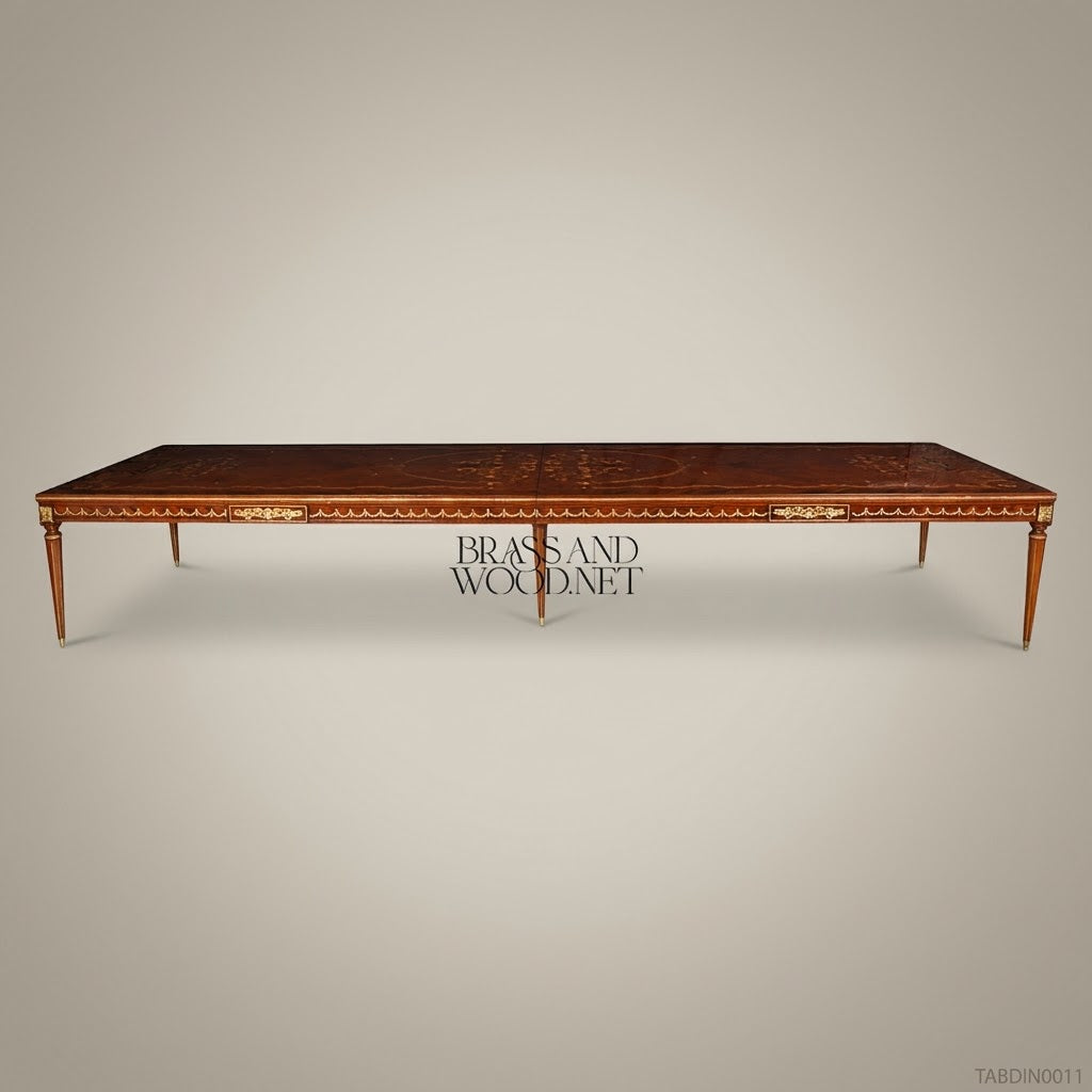 Brass & Wood Louis XVI Marquetry Brass-Mounted Dining Table — 8 Persons