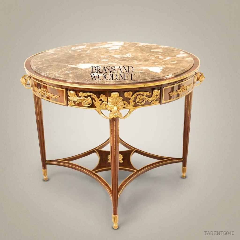 Louis XVI Neoclassical Round Guéridon Table — Emperador Marble, Marquetry Apron & Gilt Ormolu Mounts